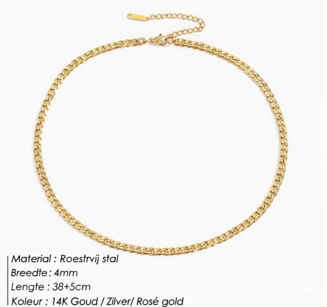 Halskette mit flachen Gliedern und Randkette | Gold