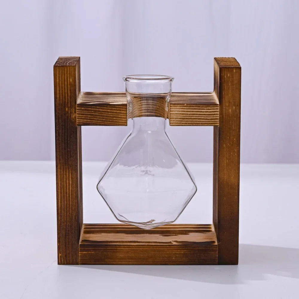 Tabletop Glass Planter Propagation Station Hydroponic Plant Vase with Wooden Tray Flower Container for Home Office Decoration
