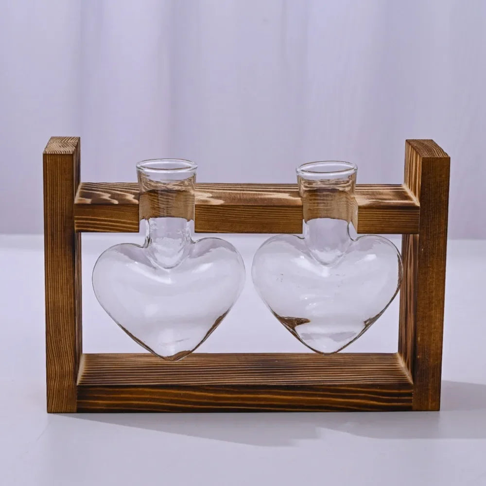 Tabletop Glass Planter Propagation Station Hydroponic Plant Vase with Wooden Tray Flower Container for Home Office Decoration