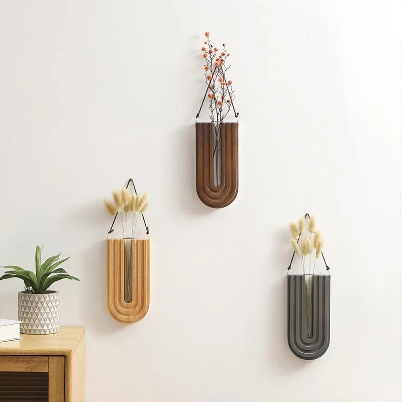 Simple Wooden Flower Vase Wall Mounted Hanging Flower Pots Hydroponic Plant Container Rack Living Room Home Garden Decor Crafts