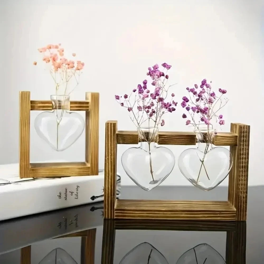 Tabletop Glass Planter Propagation Station Hydroponic Plant Vase with Wooden Tray Flower Container for Home Office Decoration