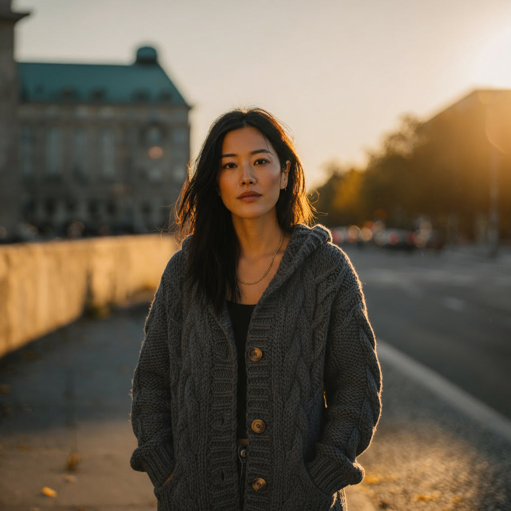 Léonie | Strickcardigan mit Zopfmuster und Kapuze