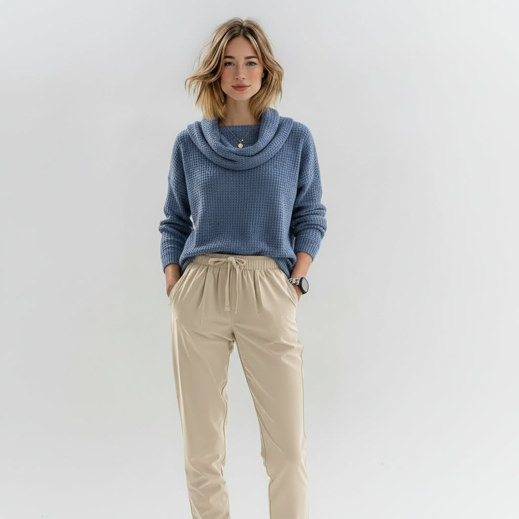 Claudia | Warm waffle sweater with elegant waterfall collar 