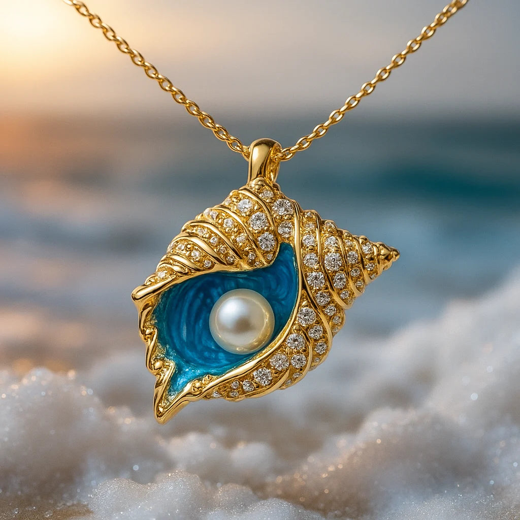 Halskette mit strahlender Perle und Muschel | Gold
