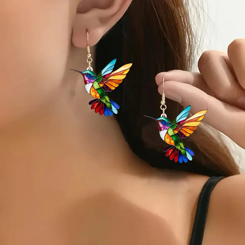 Bunte Kolibri Ohrringe | Weißgold