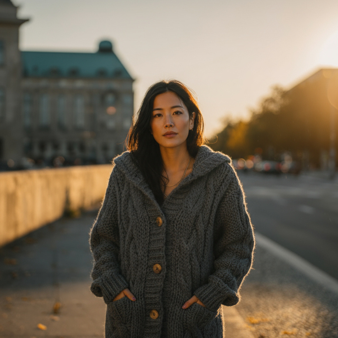 Léonie | Strickcardigan mit Zopfmuster und Kapuze
