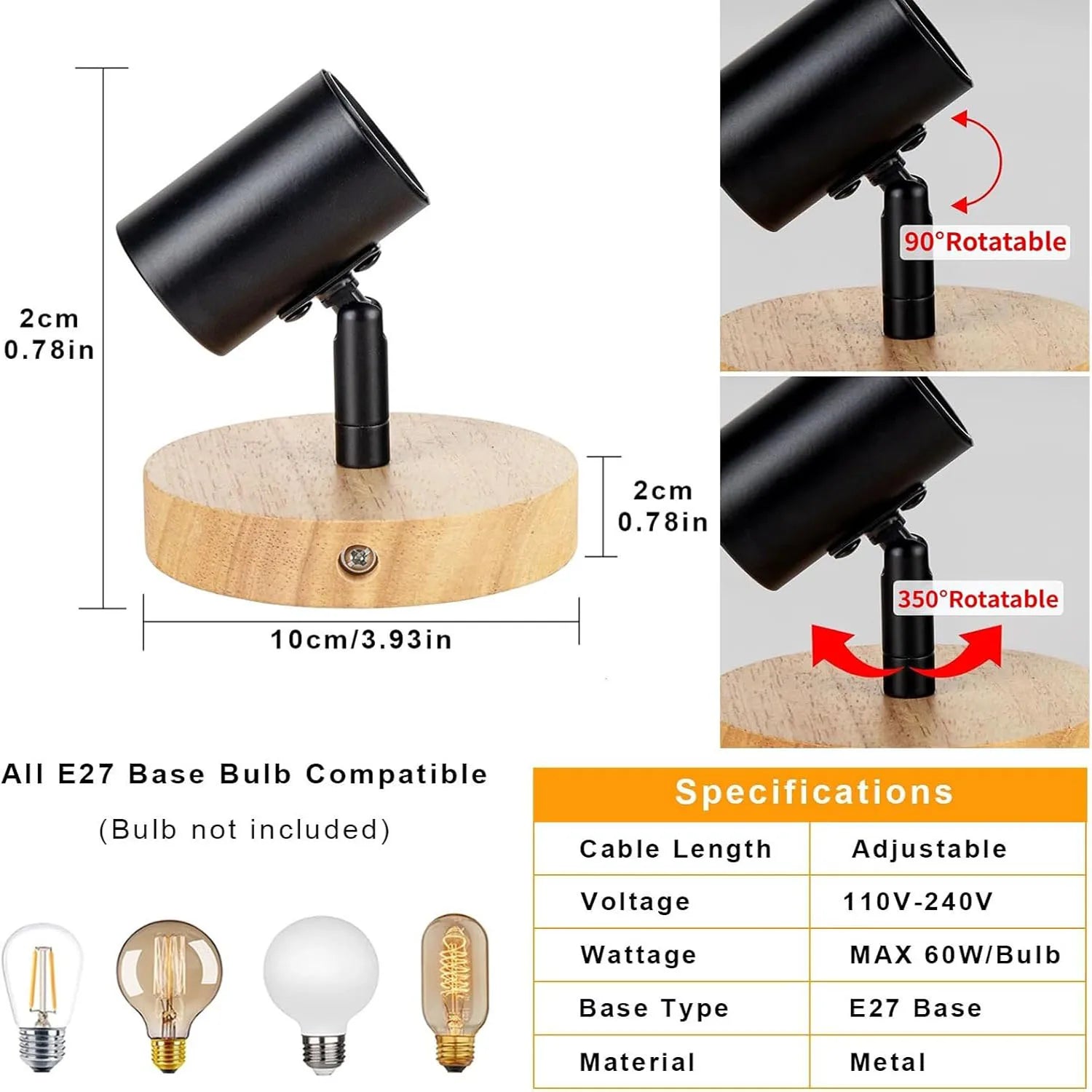 2 Pieces Vintage Wood Wall Lights  Interior,E27 Industrial Wall Lamp,Interior Lighting for Bedroom,Hallway,(Bulb Not Included)