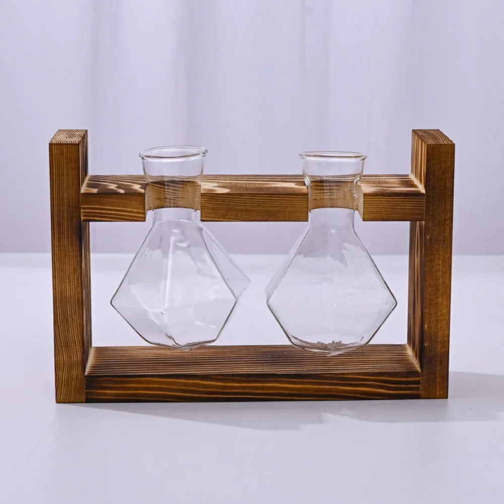 Tabletop Glass Planter Propagation Station Hydroponic Plant Vase with Wooden Tray Flower Container for Home Office Decoration