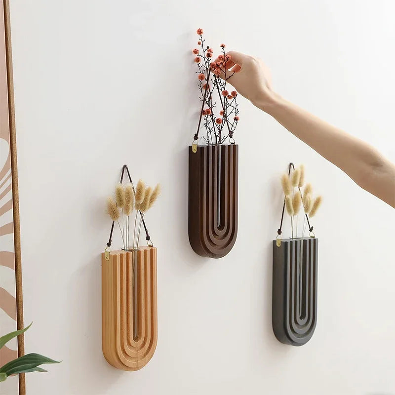 Simple Wooden Flower Vase Wall Mounted Hanging Flower Pots Hydroponic Plant Container Rack Living Room Home Garden Decor Crafts