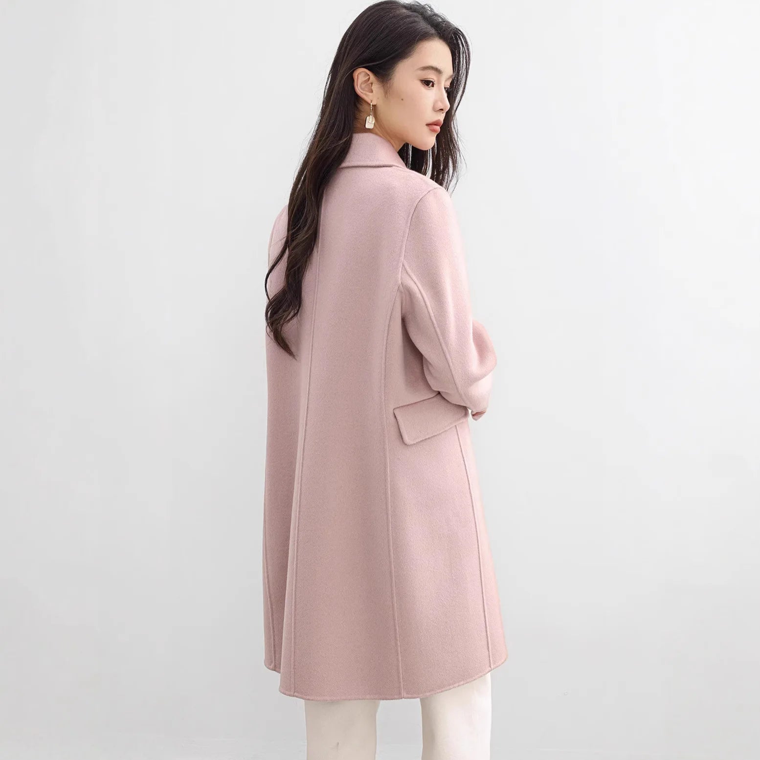 Elegante casaco de lã dupla face 2025 outono novo estilo comprimento longo gola quadrada corte reto elegante estilo de viagem