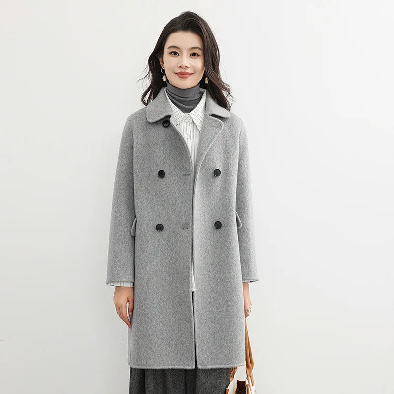 Elegante casaco de lã dupla face 2025 outono novo estilo comprimento longo gola quadrada corte reto elegante estilo de viagem