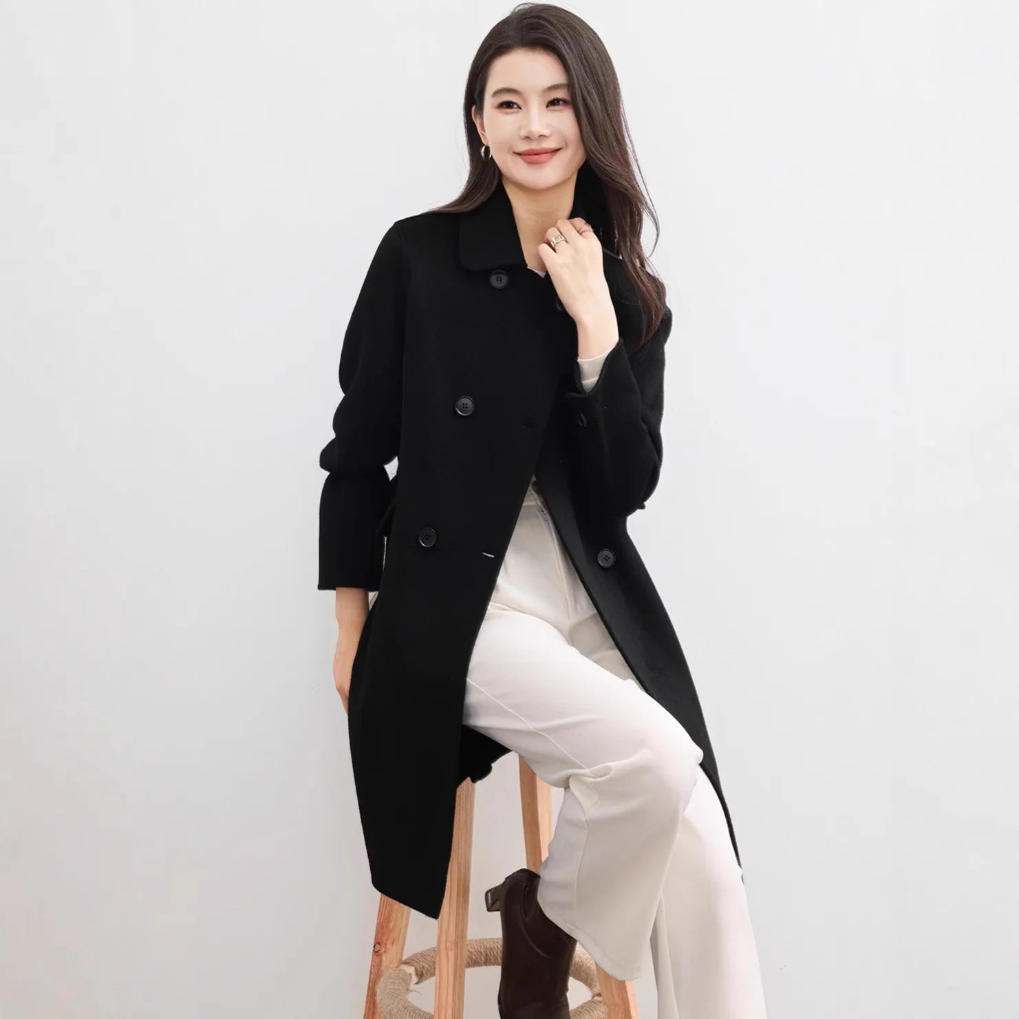 Elegante casaco de lã dupla face 2025 outono novo estilo comprimento longo gola quadrada corte reto elegante estilo de viagem