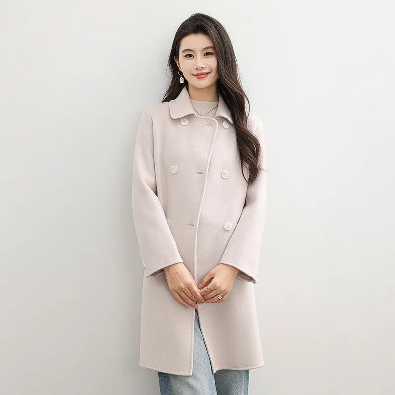 Elegante casaco de lã dupla face 2025 outono novo estilo comprimento longo gola quadrada corte reto elegante estilo de viagem