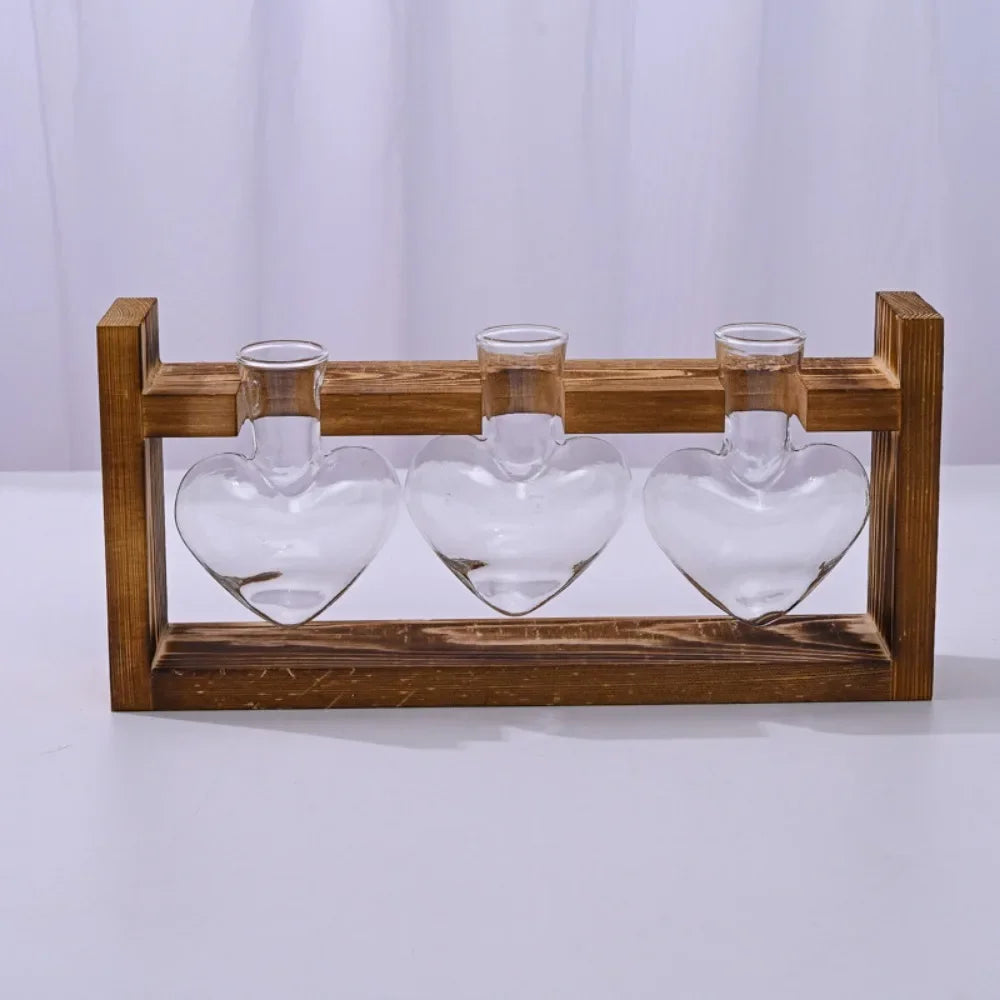 Tabletop Glass Planter Propagation Station Hydroponic Plant Vase with Wooden Tray Flower Container for Home Office Decoration
