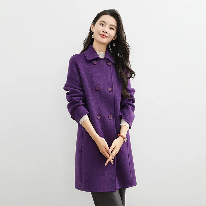 Elegante casaco de lã dupla face 2025 outono novo estilo comprimento longo gola quadrada corte reto elegante estilo de viagem