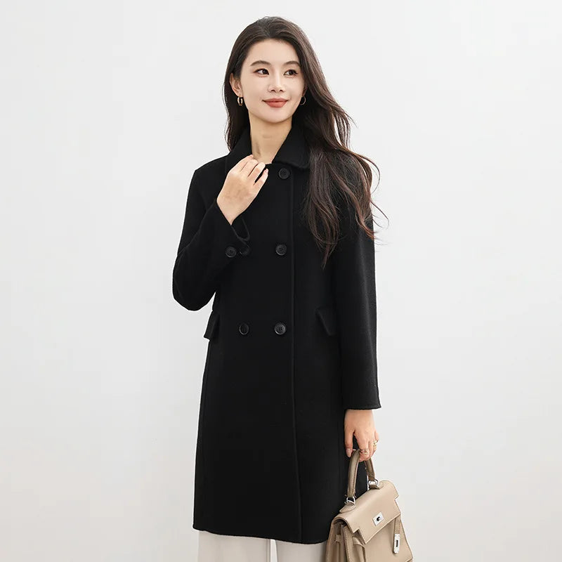 Elegante casaco de lã dupla face 2025 outono novo estilo comprimento longo gola quadrada corte reto elegante estilo de viagem