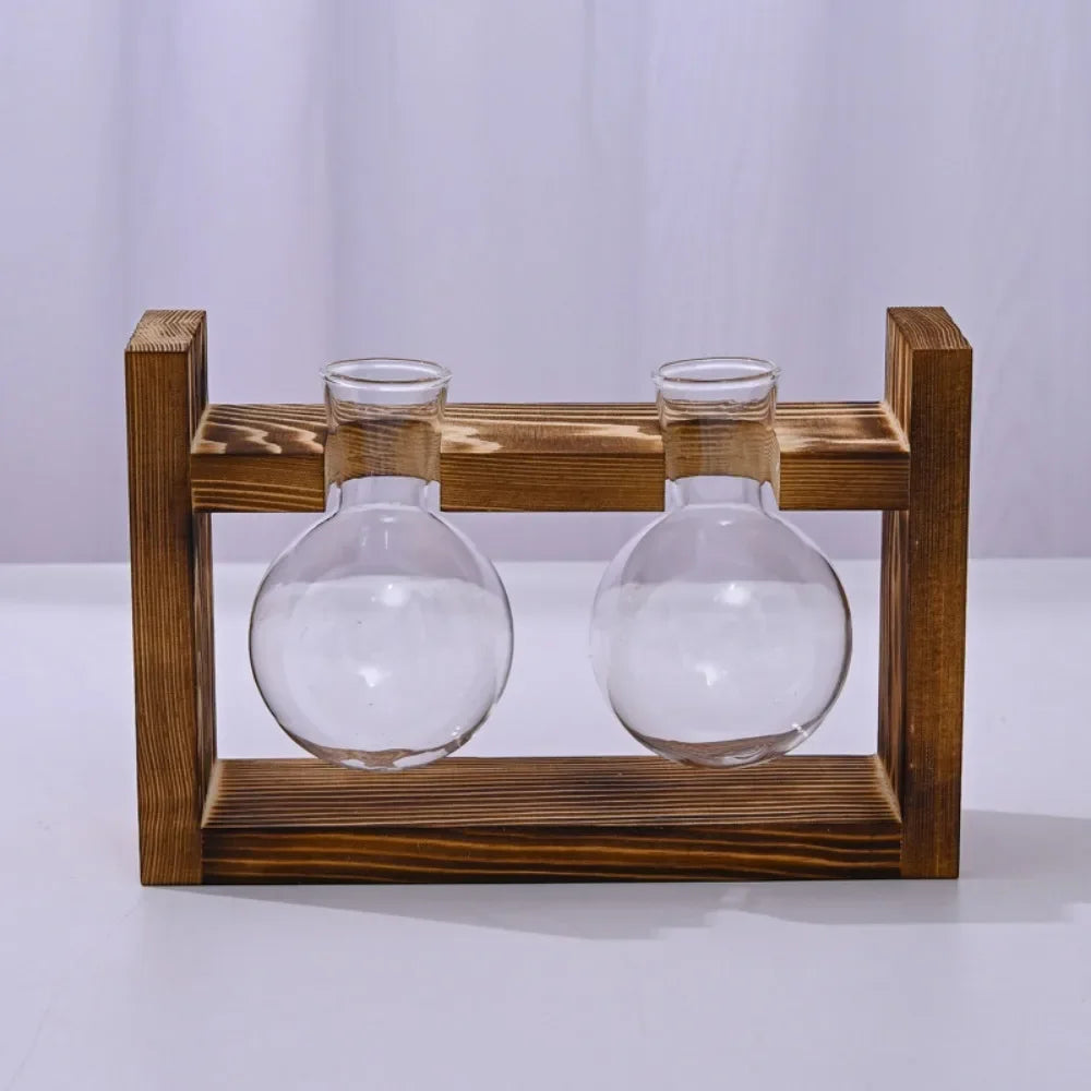 Tabletop Glass Planter Propagation Station Hydroponic Plant Vase with Wooden Tray Flower Container for Home Office Decoration