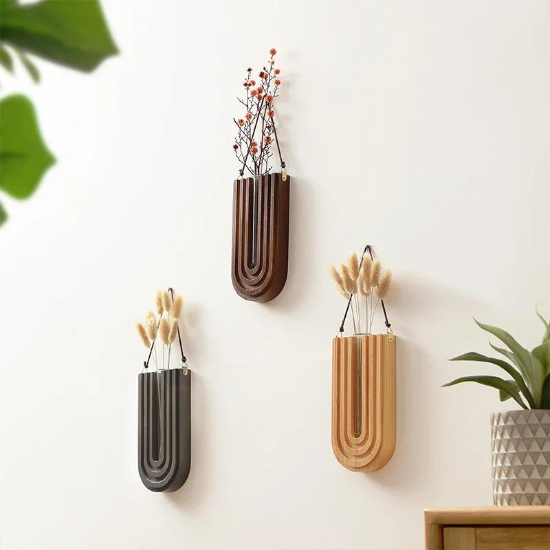 Simple Wooden Flower Vase Wall Mounted Hanging Flower Pots Hydroponic Plant Container Rack Living Room Home Garden Decor Crafts