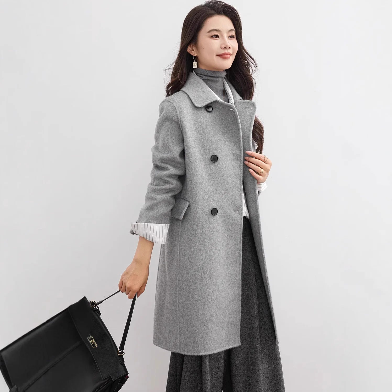 Elegante casaco de lã dupla face 2025 outono novo estilo comprimento longo gola quadrada corte reto elegante estilo de viagem