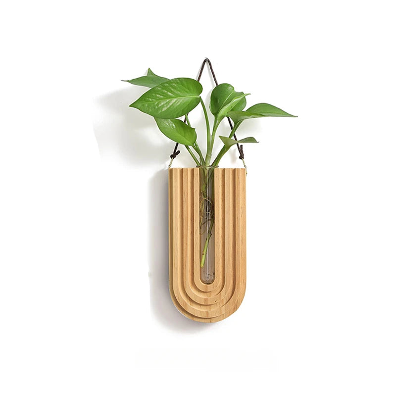 Simple Wooden Flower Vase Wall Mounted Hanging Flower Pots Hydroponic Plant Container Rack Living Room Home Garden Decor Crafts
