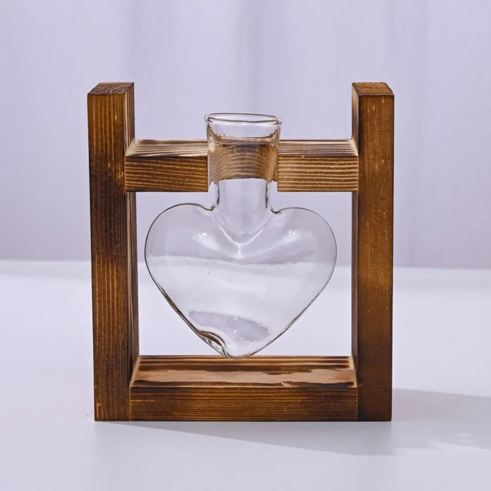 Tabletop Glass Planter Propagation Station Hydroponic Plant Vase with Wooden Tray Flower Container for Home Office Decoration