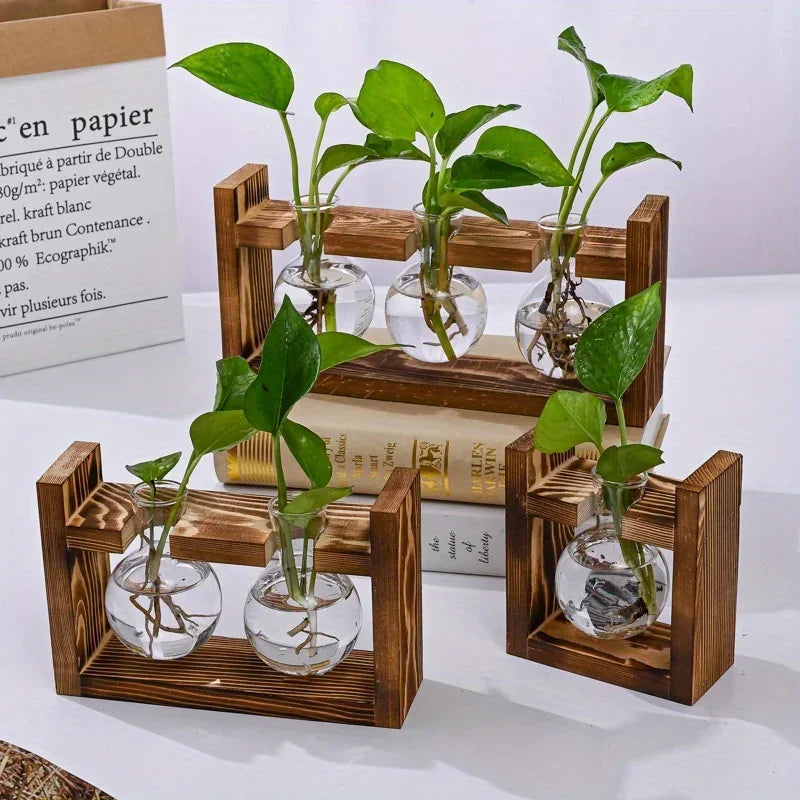 Tabletop Glass Planter Propagation Station Hydroponic Plant Vase with Wooden Tray Flower Container for Home Office Decoration