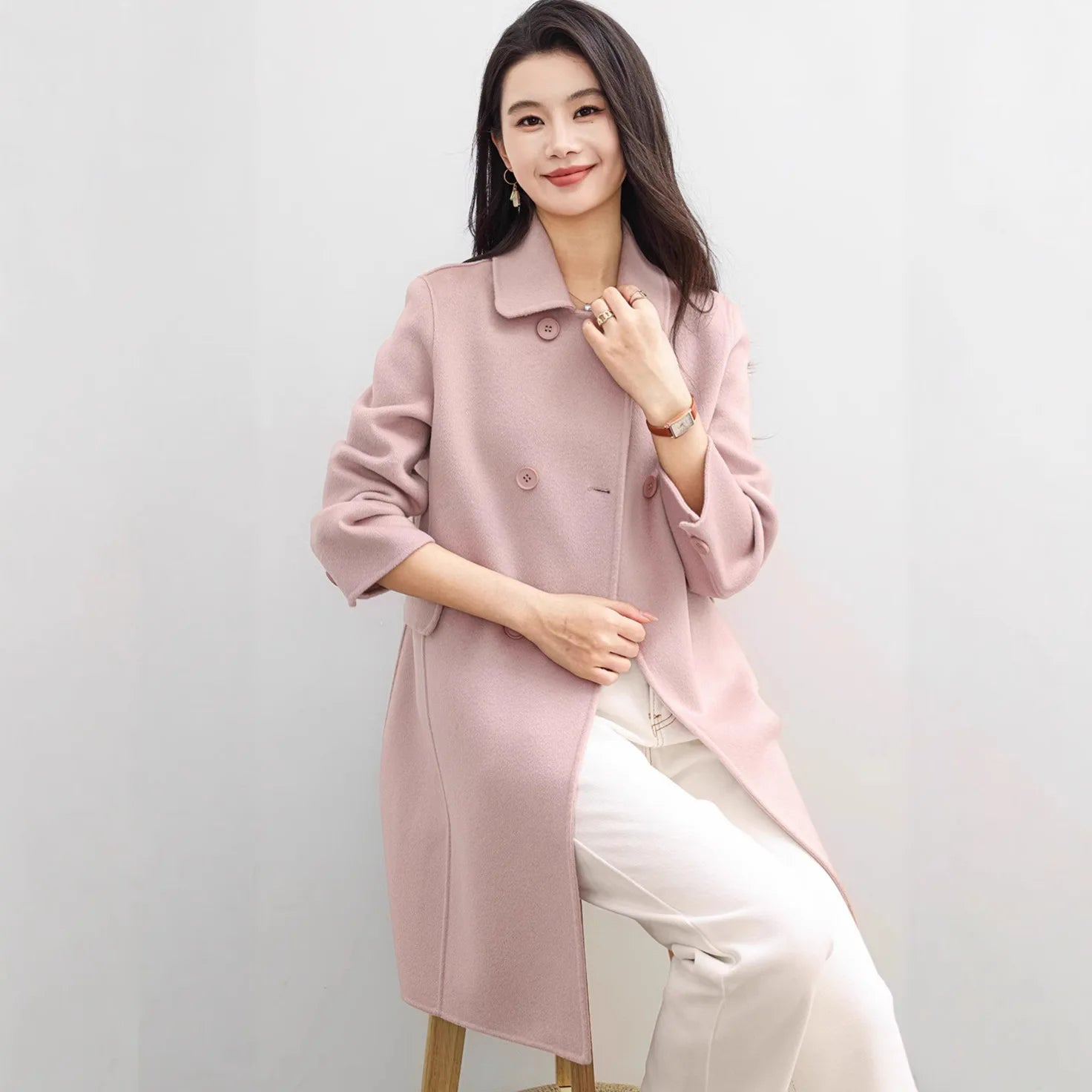 Elegante casaco de lã dupla face 2025 outono novo estilo comprimento longo gola quadrada corte reto elegante estilo de viagem
