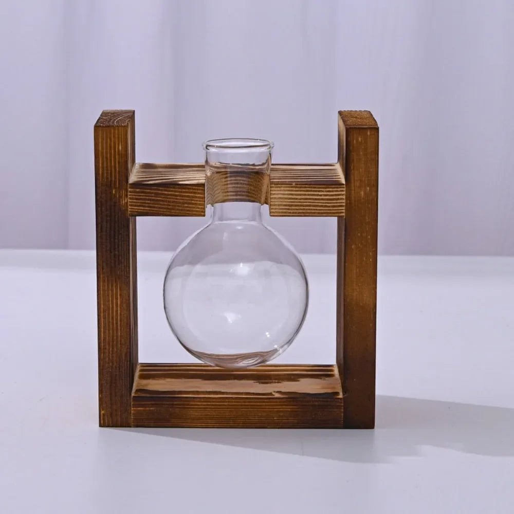 Tabletop Glass Planter Propagation Station Hydroponic Plant Vase with Wooden Tray Flower Container for Home Office Decoration