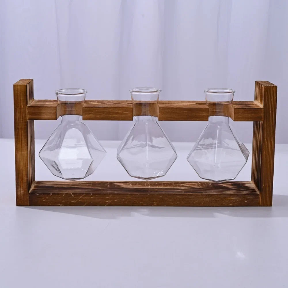 Tabletop Glass Planter Propagation Station Hydroponic Plant Vase with Wooden Tray Flower Container for Home Office Decoration