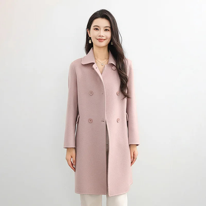 Elegante casaco de lã dupla face 2025 outono novo estilo comprimento longo gola quadrada corte reto elegante estilo de viagem