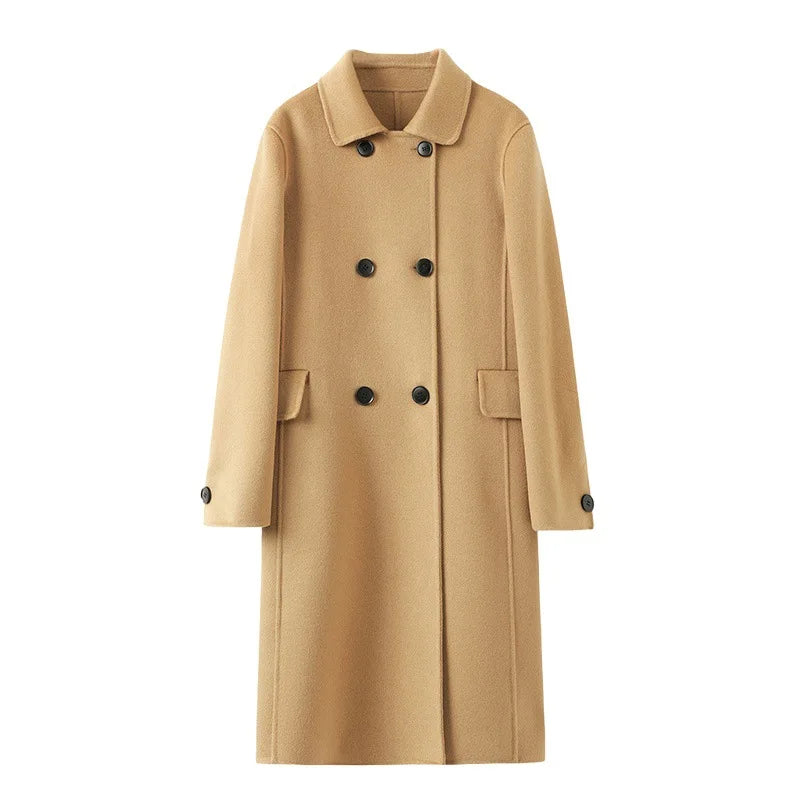 Elegante casaco de lã dupla face 2025 outono novo estilo comprimento longo gola quadrada corte reto elegante estilo de viagem
