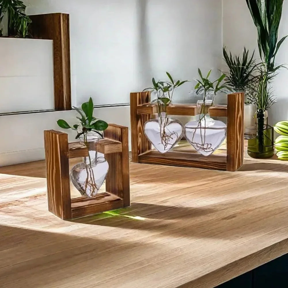 Tabletop Glass Planter Propagation Station Hydroponic Plant Vase with Wooden Tray Flower Container for Home Office Decoration