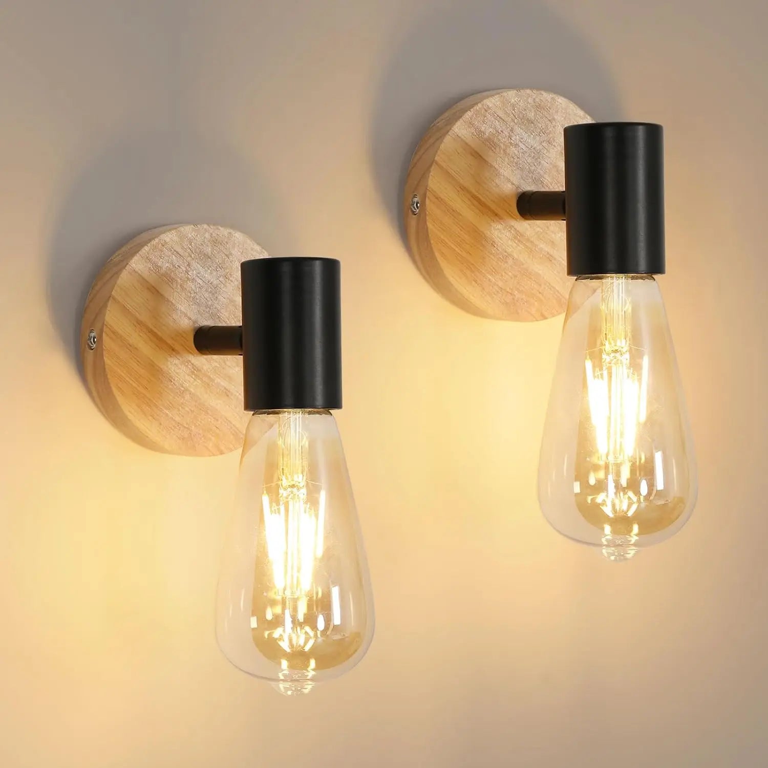 2 Pieces Vintage Wood Wall Lights  Interior,E27 Industrial Wall Lamp,Interior Lighting for Bedroom,Hallway,(Bulb Not Included)