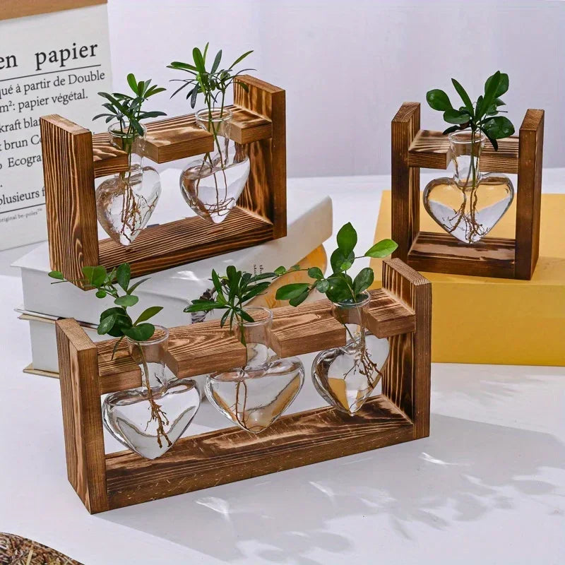 Tabletop Glass Planter Propagation Station Hydroponic Plant Vase with Wooden Tray Flower Container for Home Office Decoration