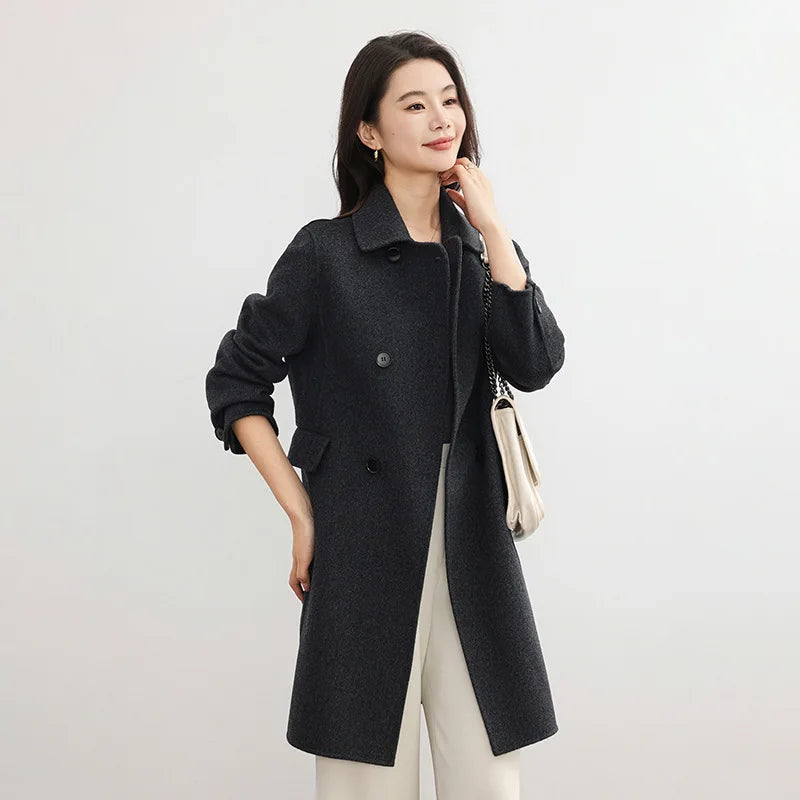 Elegante casaco de lã dupla face 2025 outono novo estilo comprimento longo gola quadrada corte reto elegante estilo de viagem
